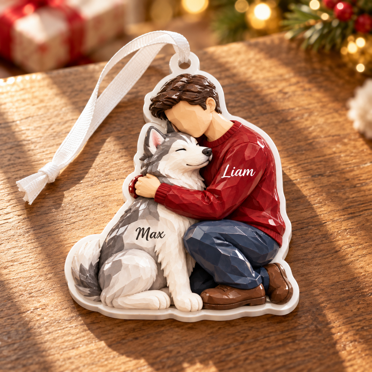 Boy Hugging Siberian Husky Dog Christmas Tree Hanging Keepsake - 3D Relief Ornament