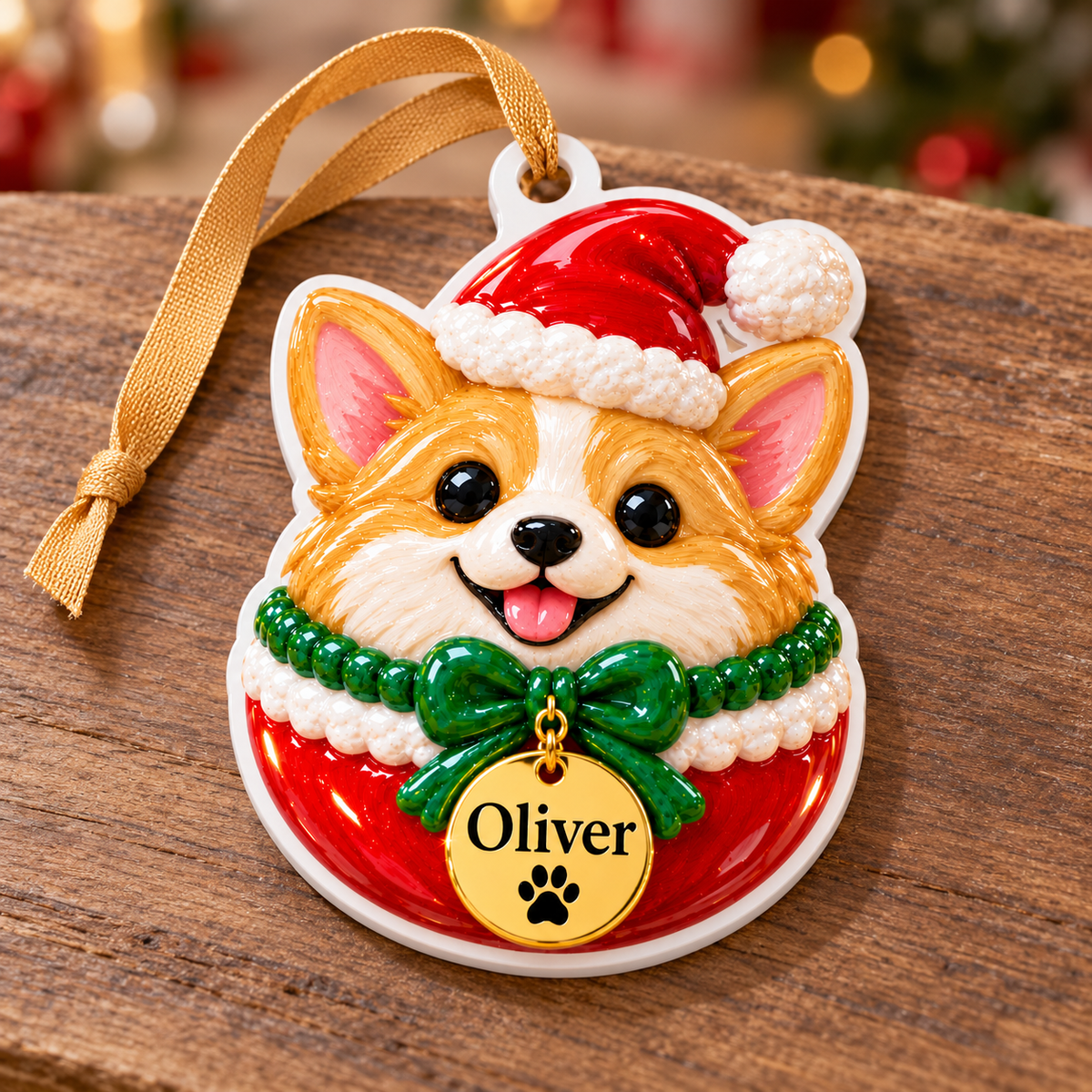 Corgi Dog in Santa Hat Christmas Tree Bauble Hanging Acrylic Keepsake - 3D Relief Ornament
