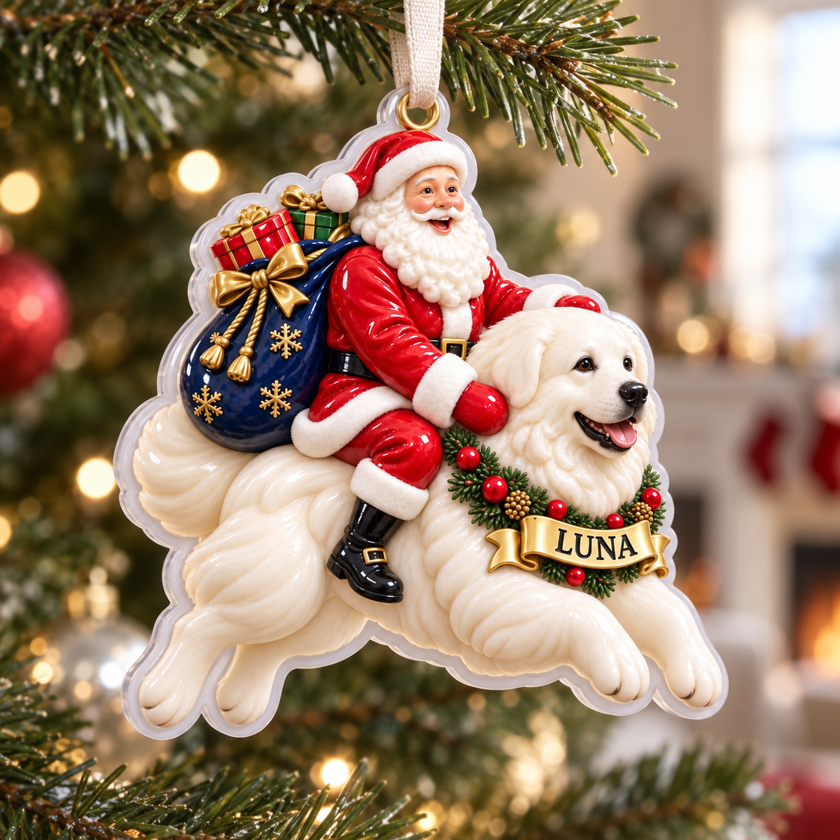 Great Pyrenees Santa Claus Christmas Tree Hanging Decoration - 3D Relief Ornament