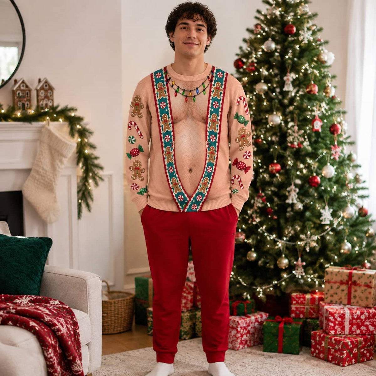Funny Christmas Sweatshirt Hairy Muscle Chest Graphic Pullover