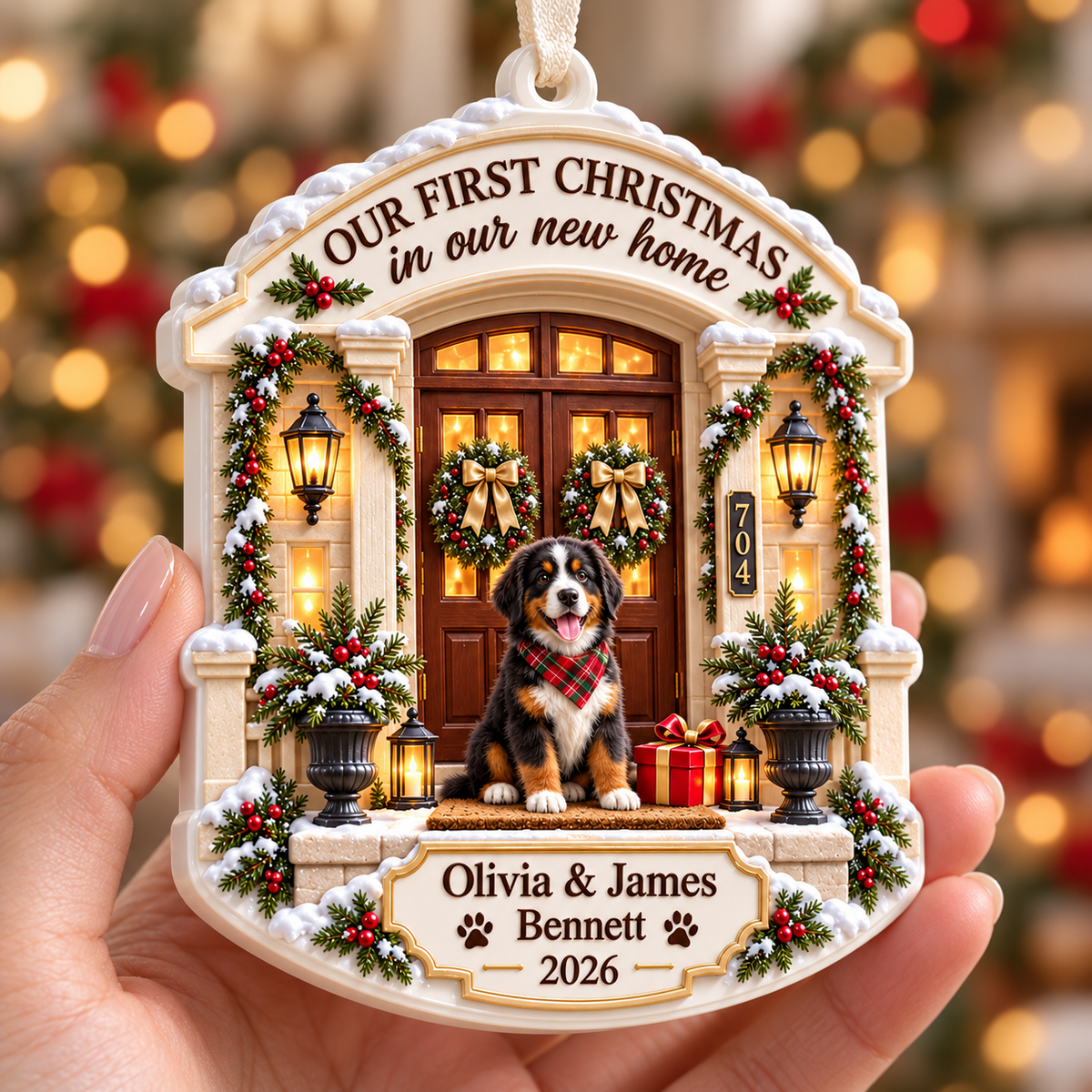 First Christmas New Home Front Porch Bernese Mountain Dog Hanging Keepsake - 3D Relief Ornament