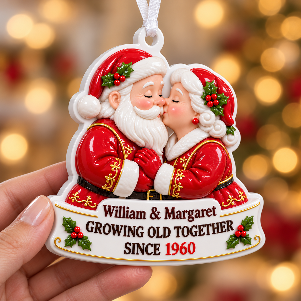 Santa and Mrs Claus Kissing Couple Holiday Hanging Decoration - 3D Relief Ornament