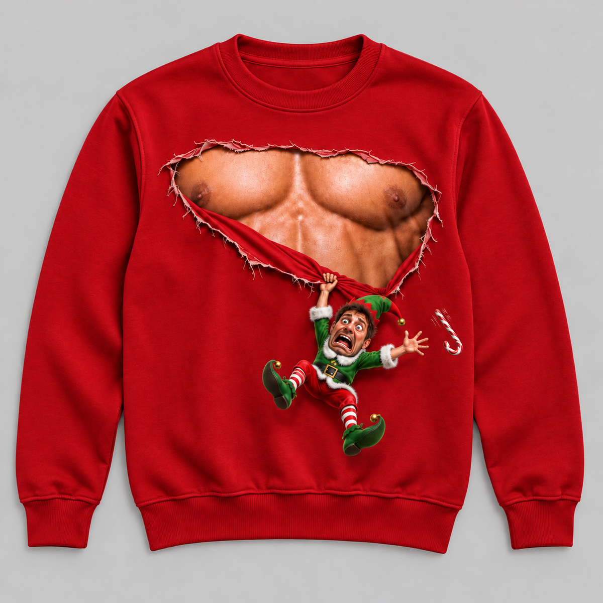 Christmas Sweatshirt with Ripped Muscular Chest Falling Elf Graphic