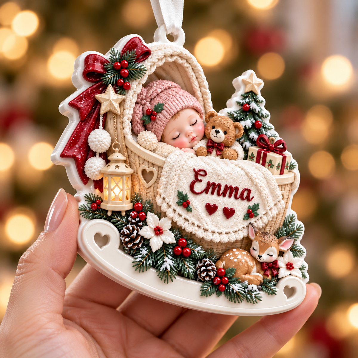 Sleeping Baby in Rocking Cradle with Woodland Fawn and Pine Accents - 3D Relief Ornament