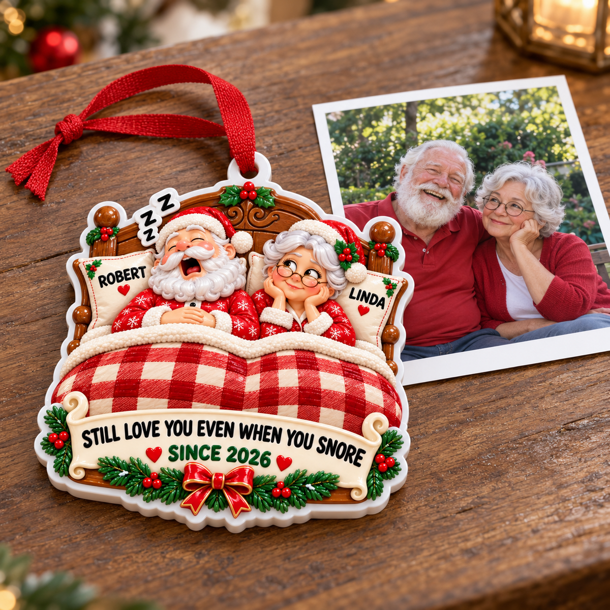 Sleeping Couple in Bed with Plaid Quilt Holiday Keepsake - 3D Relief Ornament