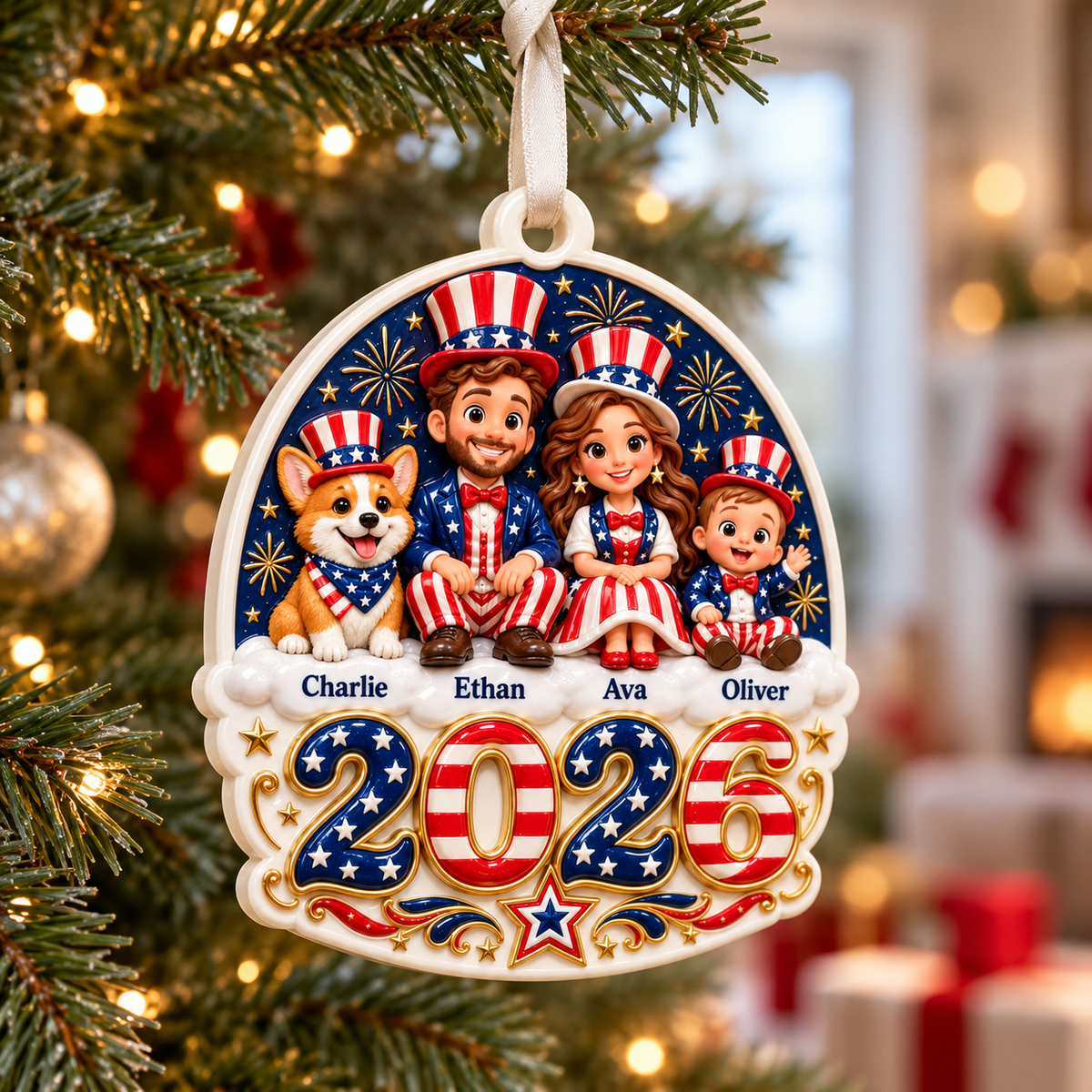 Patriotic Family with Dog 2026 Year Hanging Keepsake - 3D Relief Ornament