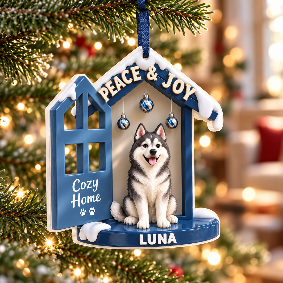 Blue Siberian Husky Dog House Holiday Christmas Tree Hanging Decor - 3D Relief Ornament