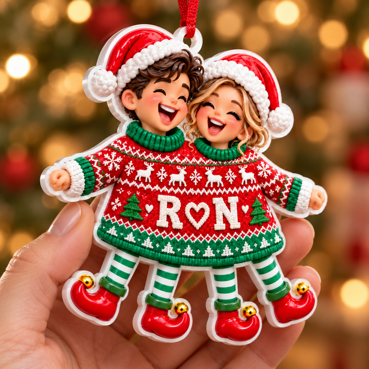 Couple in Red Two-Person Christmas Sweater Holiday Hanging Keepsake - 3D Relief Ornament