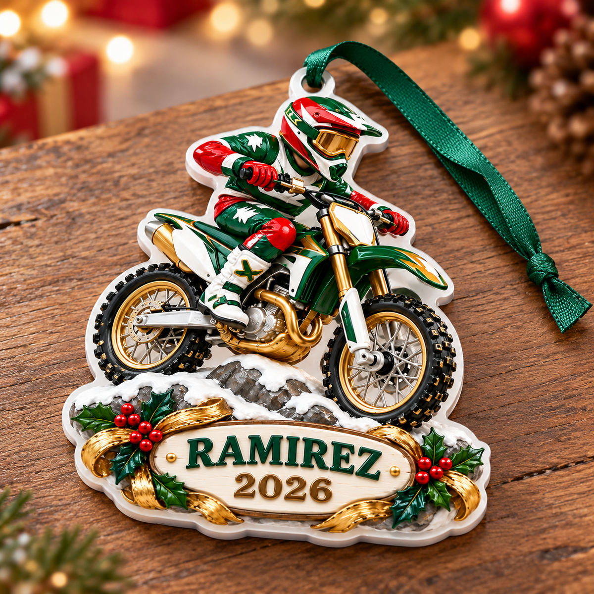 Motocross Dirt Bike Rider with Festive Banner and Holly - 3D Relief Ornament
