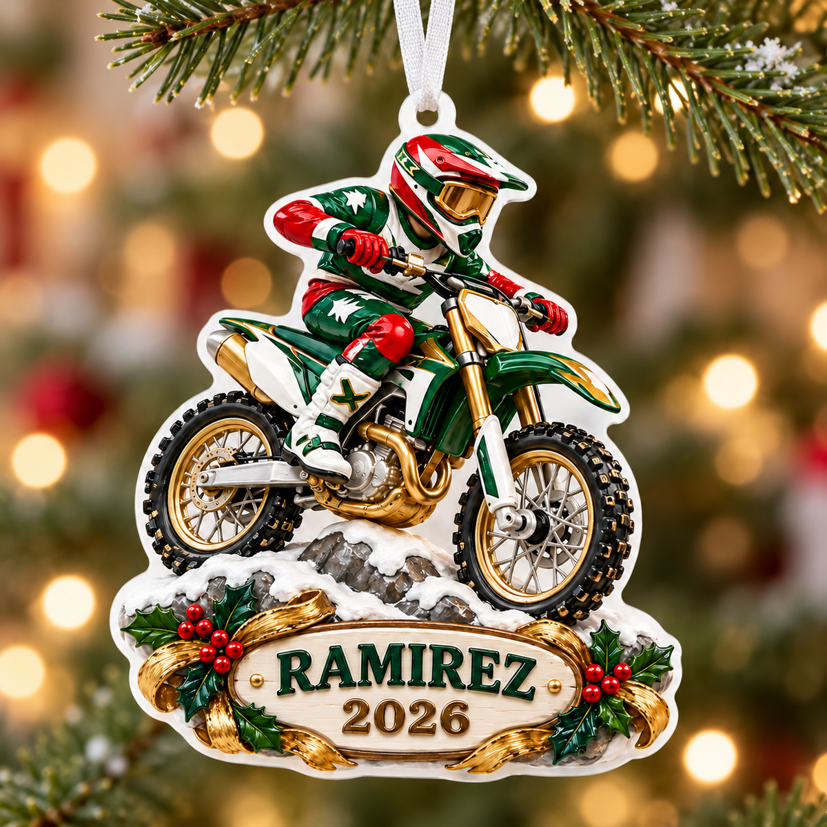 Motocross Dirt Bike Rider with Festive Banner and Holly - 3D Relief Ornament