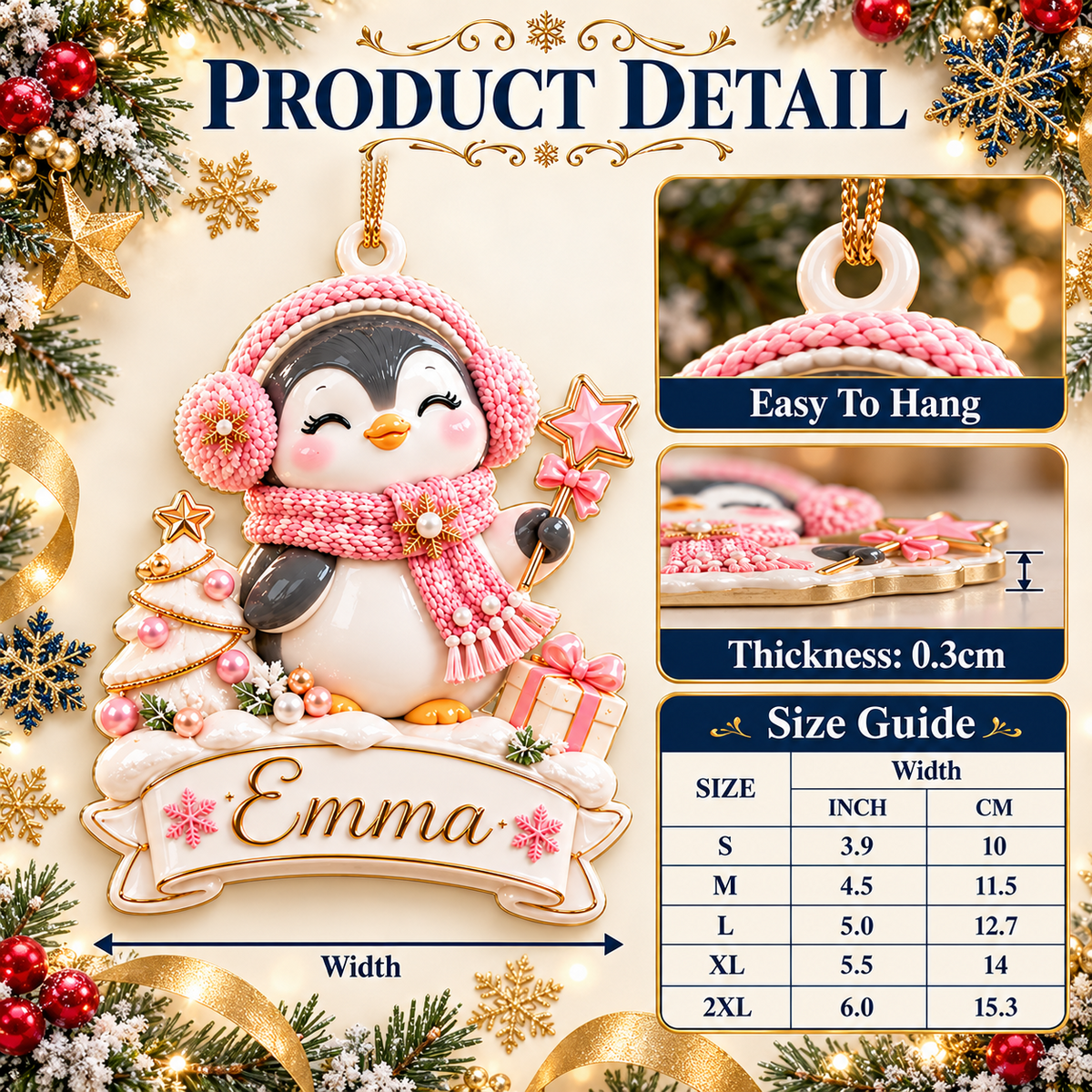 Winter Penguin with Pink Scarf and Christmas Tree Banner - 3D Relief Ornament