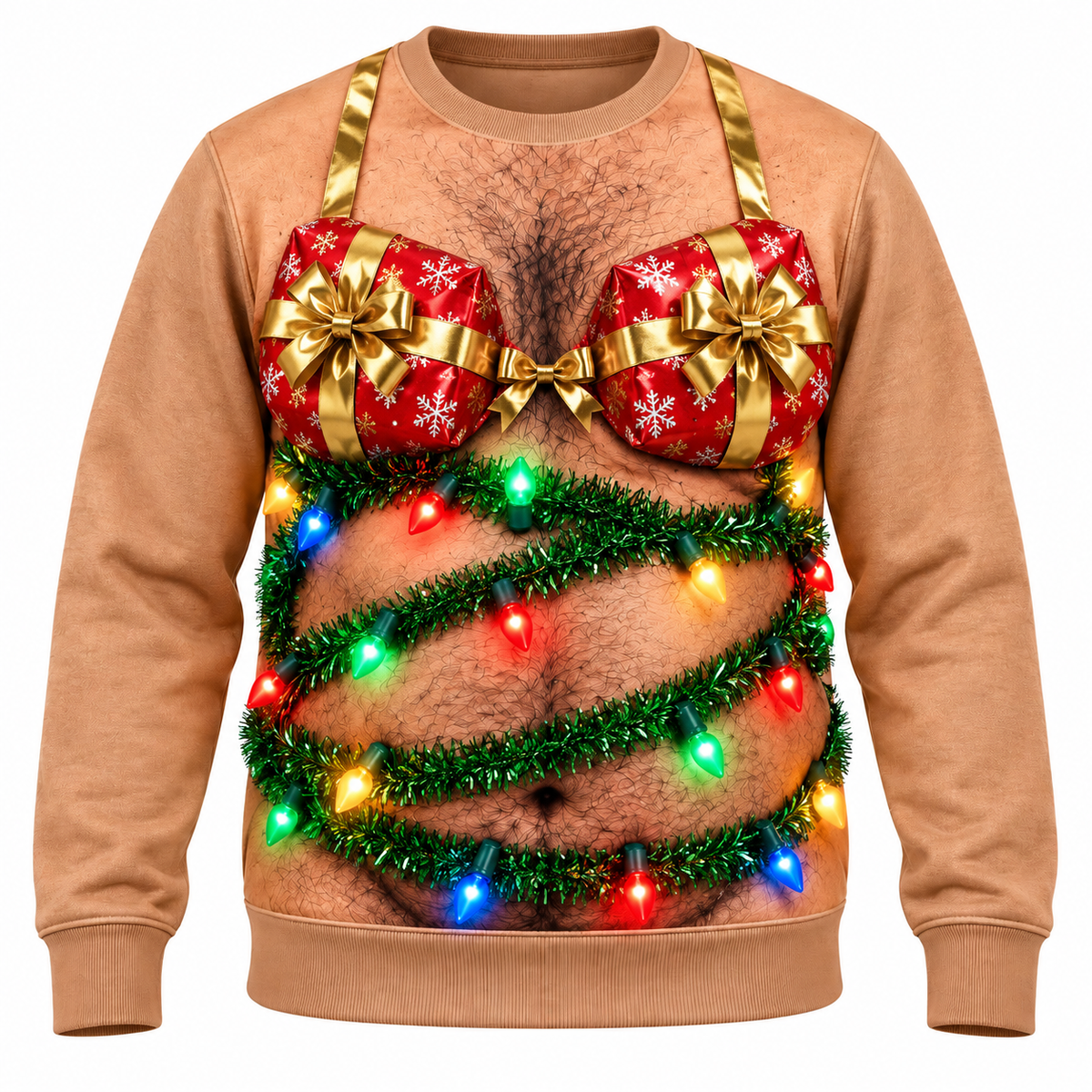 Funny Christmas Sweatshirt Hairy Chest Bikini Graphic Tan Pullover