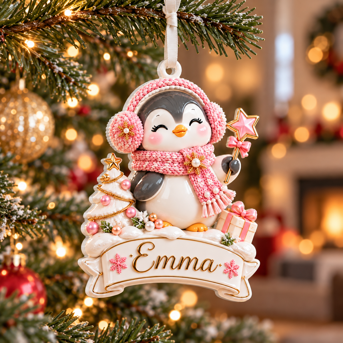 Winter Penguin with Pink Scarf and Christmas Tree Banner - 3D Relief Ornament