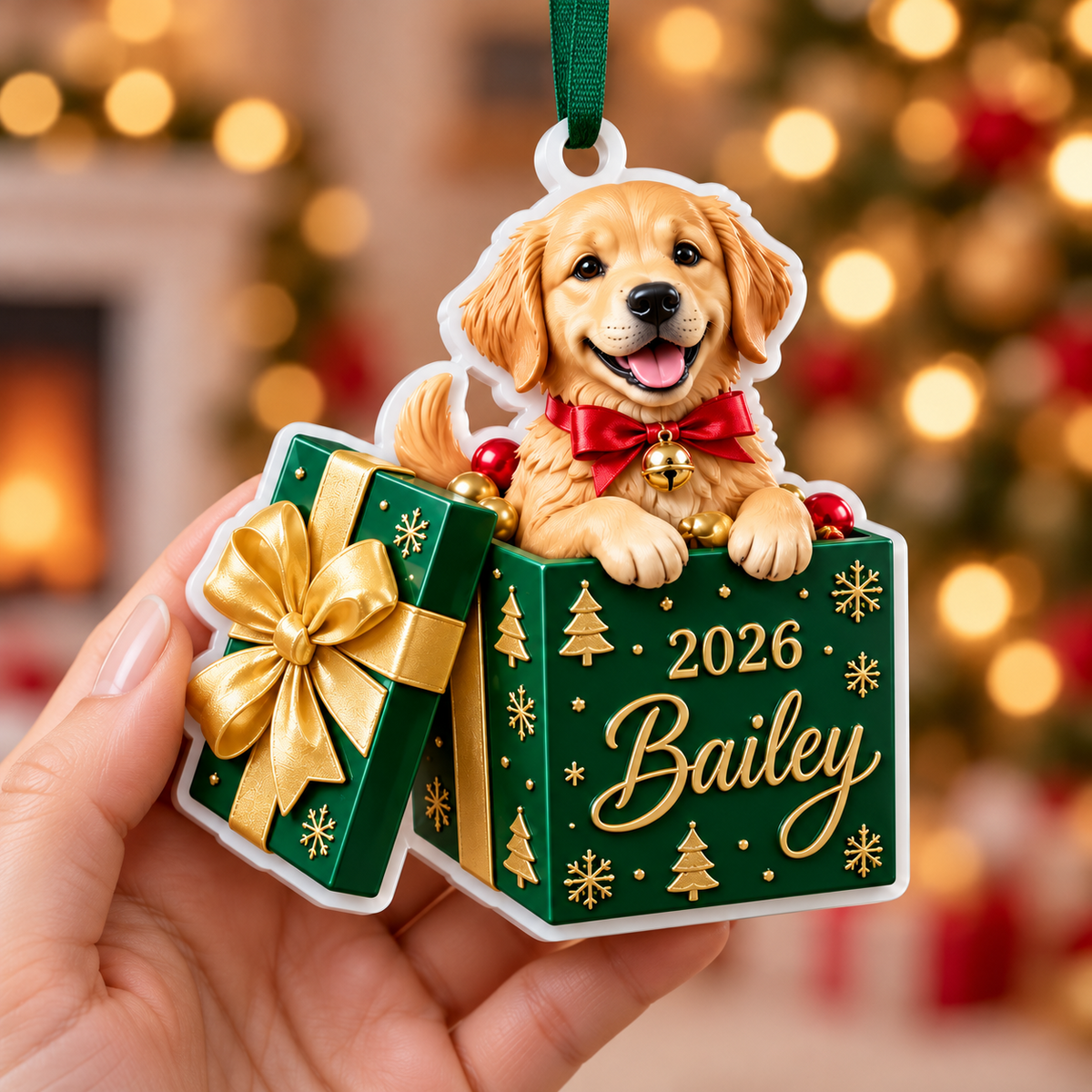 Golden Retriever Puppy in Christmas Gift Box Acrylic Tree Pendant - 3D Relief Ornament