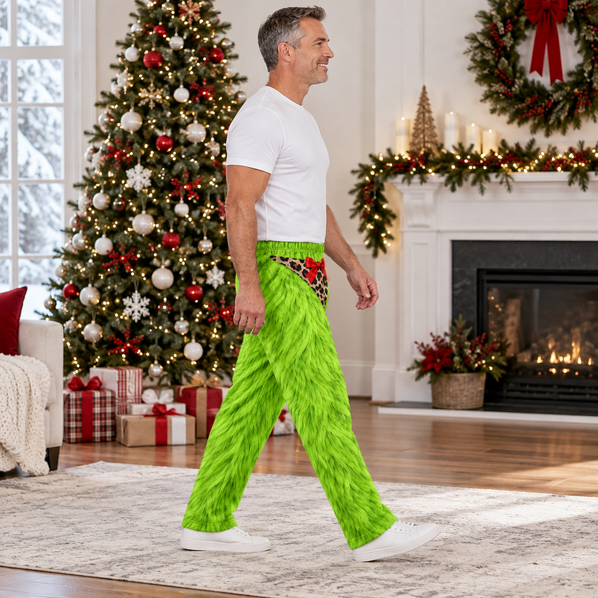 Mens Novelty Christmas Pajama Pants Faux Fur Print Holiday Loungewear