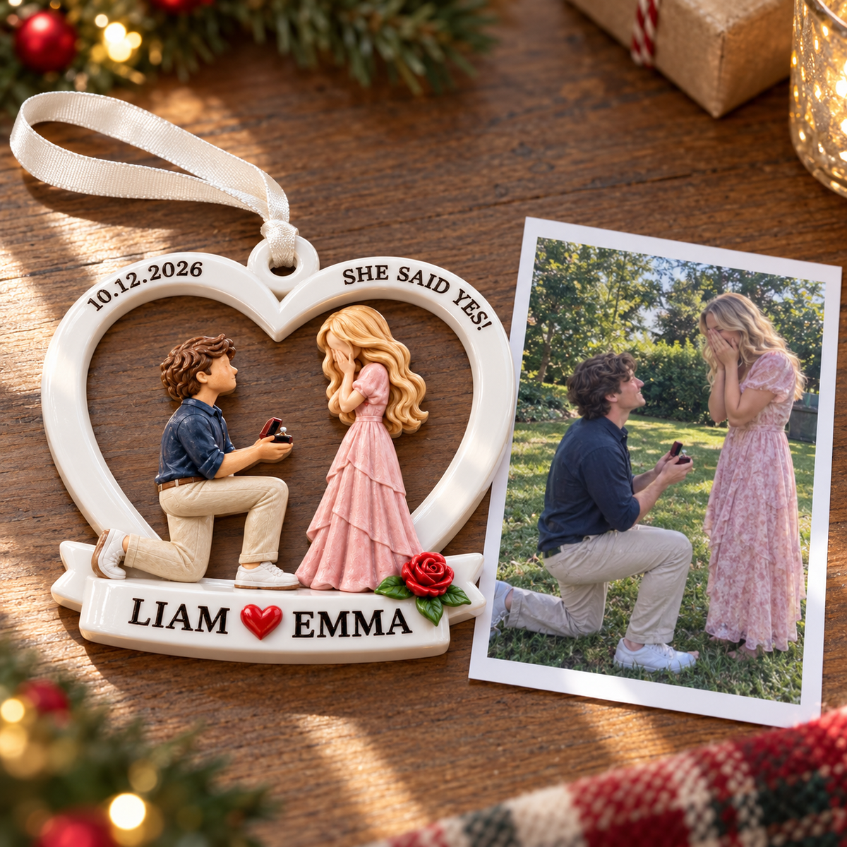 She Said Yes Engagement Heart Frame, White Ceramic Style with Red Rose - 3D Relief Ornament