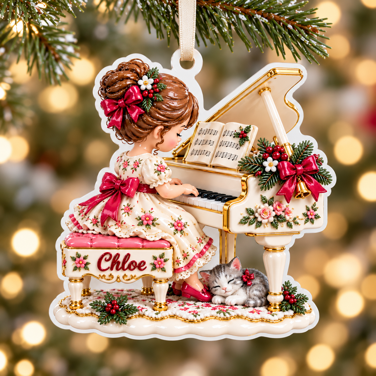 Little Girl Playing Grand Piano with Sleeping Cat Acrylic Hanging Keepsake - 3D Relief Ornament