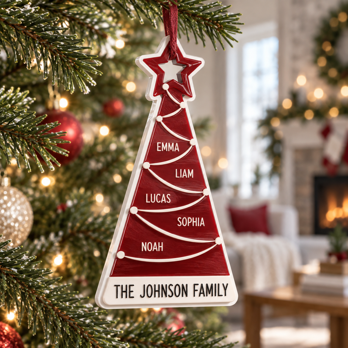 Family Christmas Tree Holiday Hanging Decoration, Red and White Star - 3D Relief Ornament