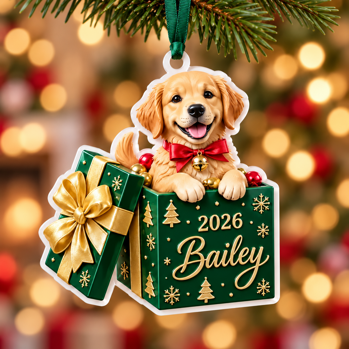 Golden Retriever Puppy in Christmas Gift Box Acrylic Tree Pendant - 3D Relief Ornament