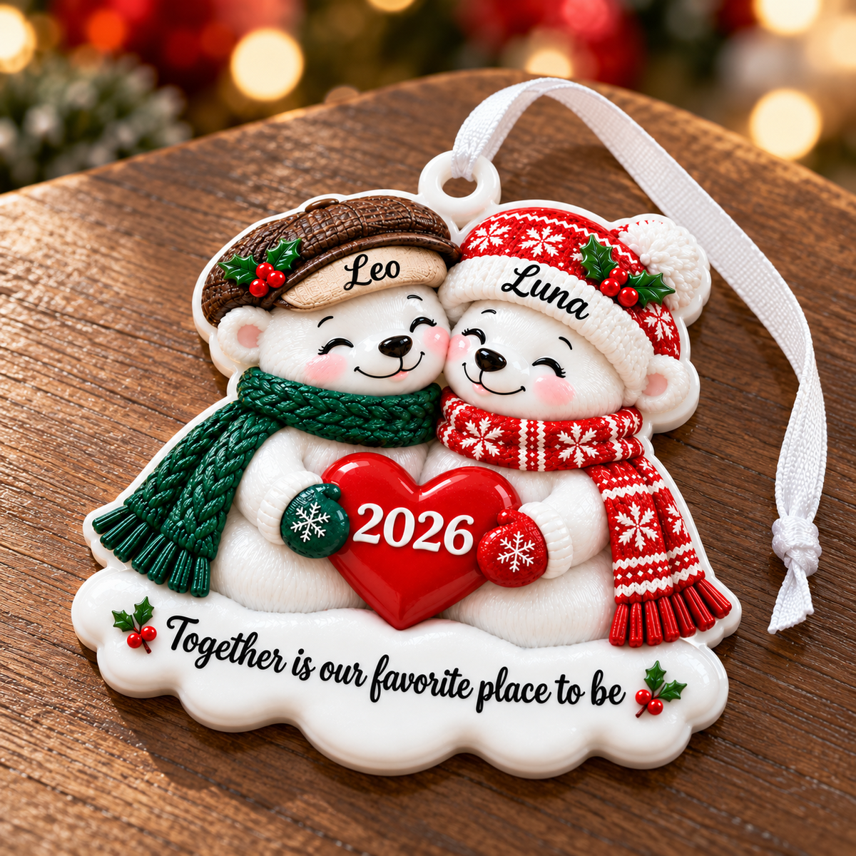 Couple Polar Bears Holding Red Heart Winter Holiday Keepsake - 3D Relief Ornament