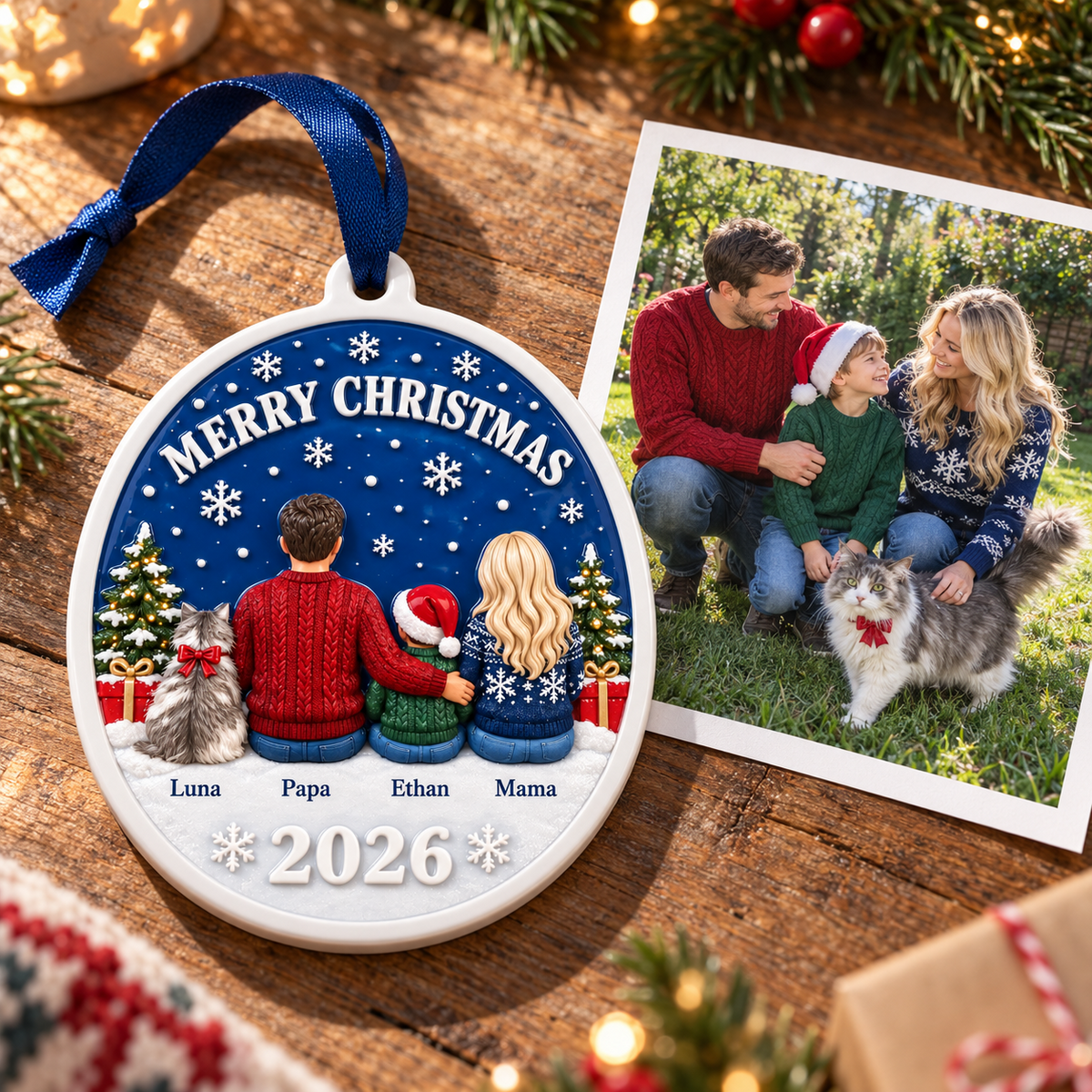 Family and Cat Christmas Hanging Medallion, Oval Blue Winter Sky Holiday Decor - 3D Relief Ornament