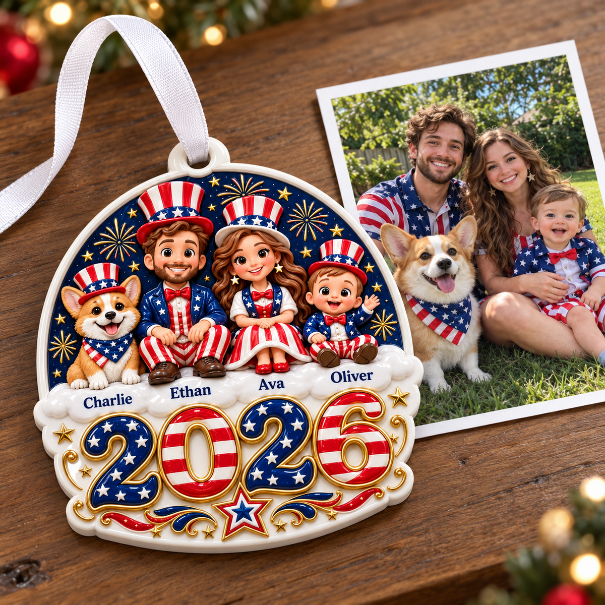Patriotic Family with Dog 2026 Year Hanging Keepsake - 3D Relief Ornament