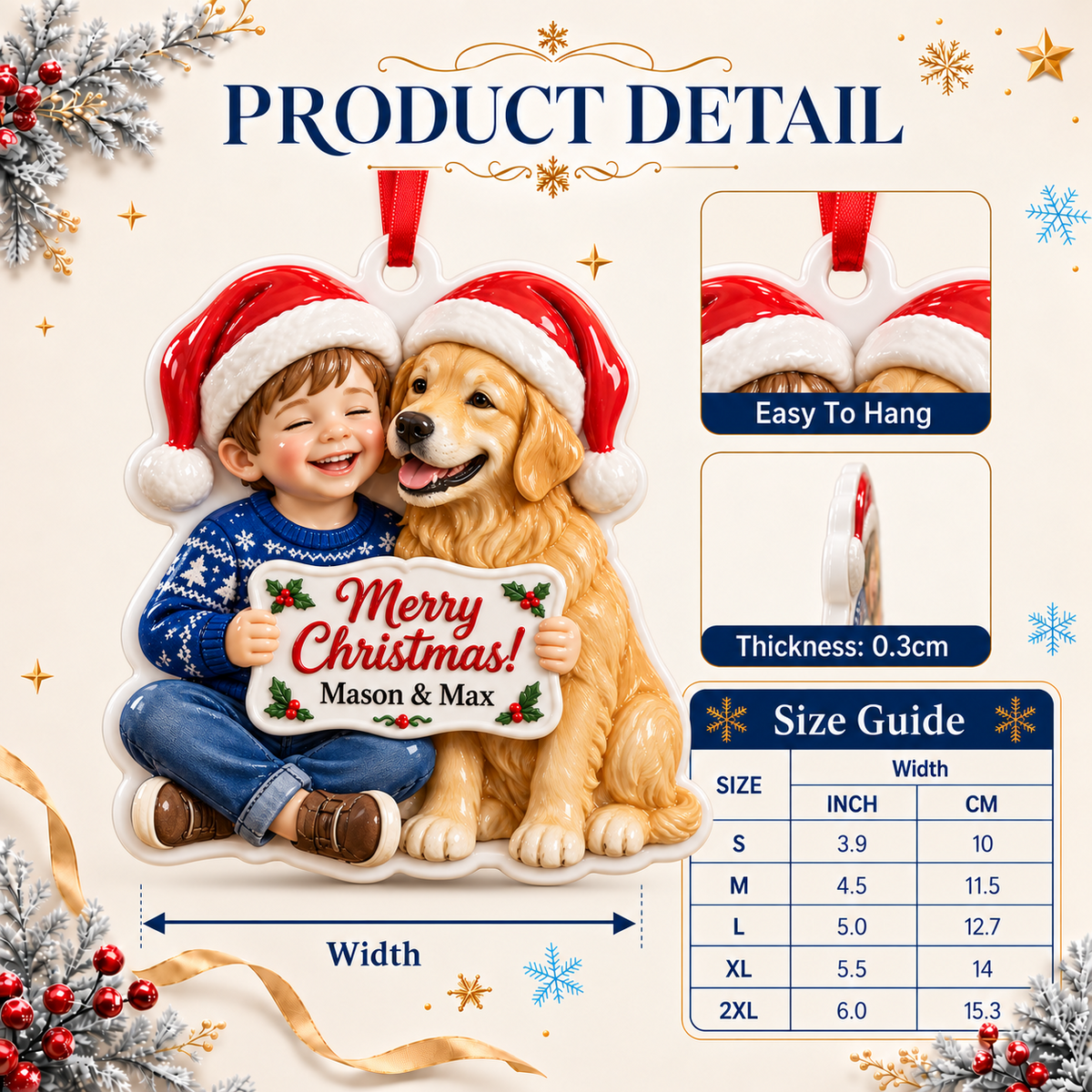 Boy and Golden Retriever Dog with Santa Hats Holiday Keepsake - 3D Relief Ornament
