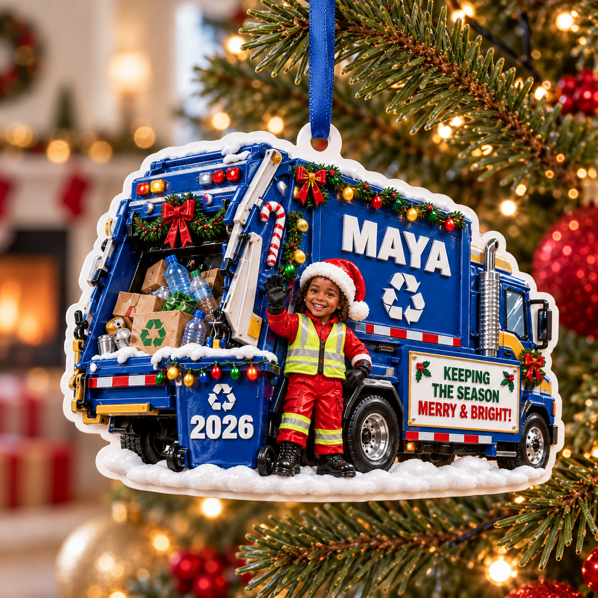 Recycling Garbage Truck Holiday Keepsake with Little Worker - 3D Relief Ornament