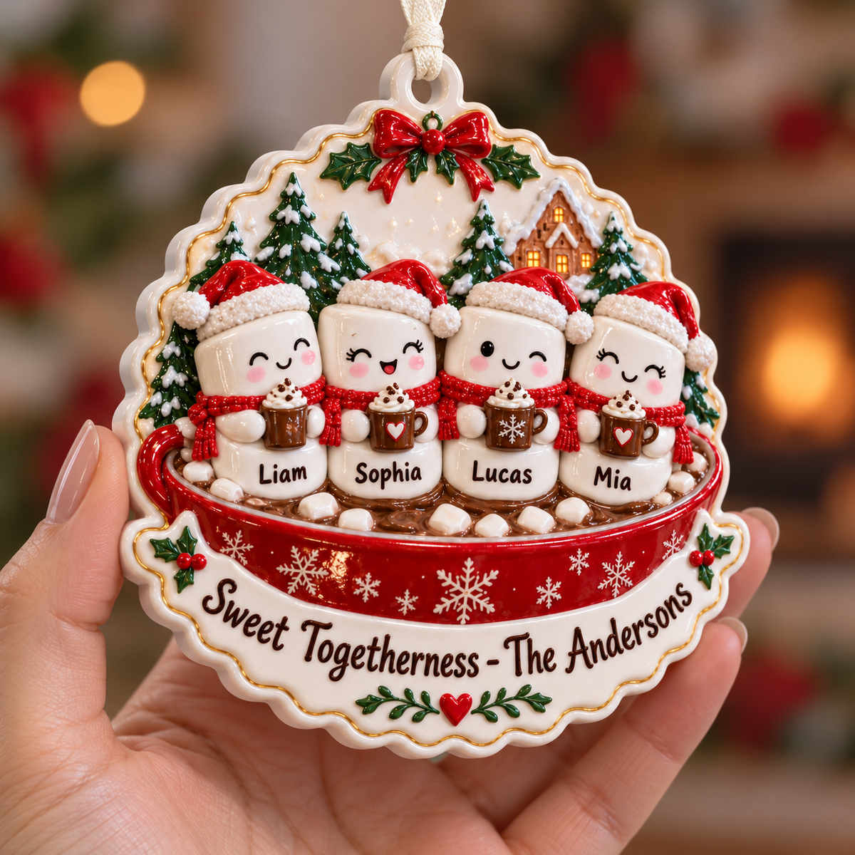 Family Marshmallows in Hot Cocoa Mug Holiday Tree Accent - 3D Relief Ornament