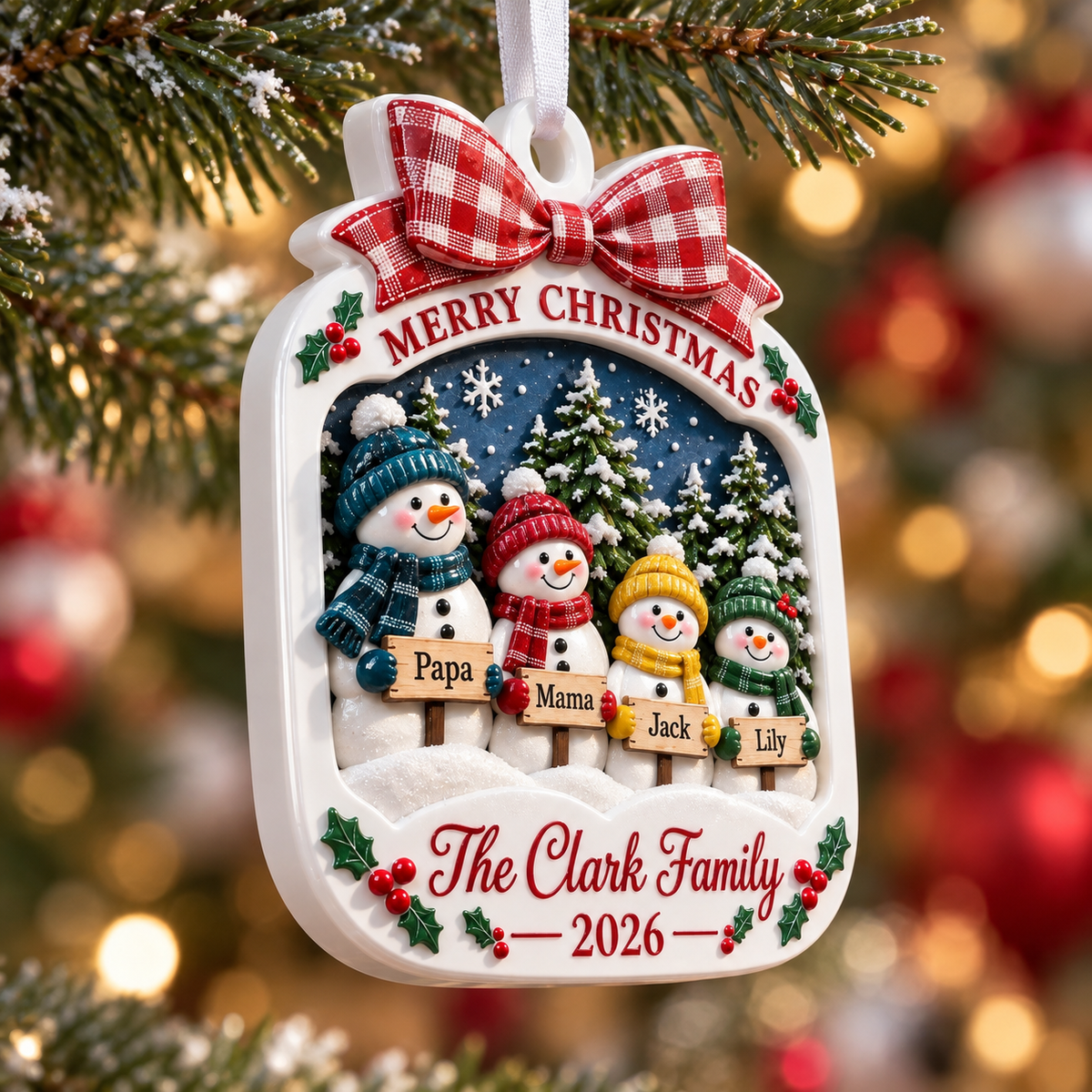 Snowman Family of 4 Christmas Tree Decoration with Red Plaid Bow - 3D Relief Ornament
