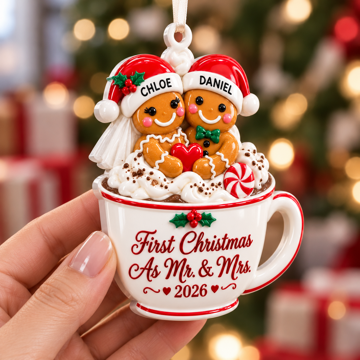 Gingerbread Couple in Hot Cocoa Mug First Christmas as Mr & Mrs Holiday Keepsake - 3D Relief Ornament