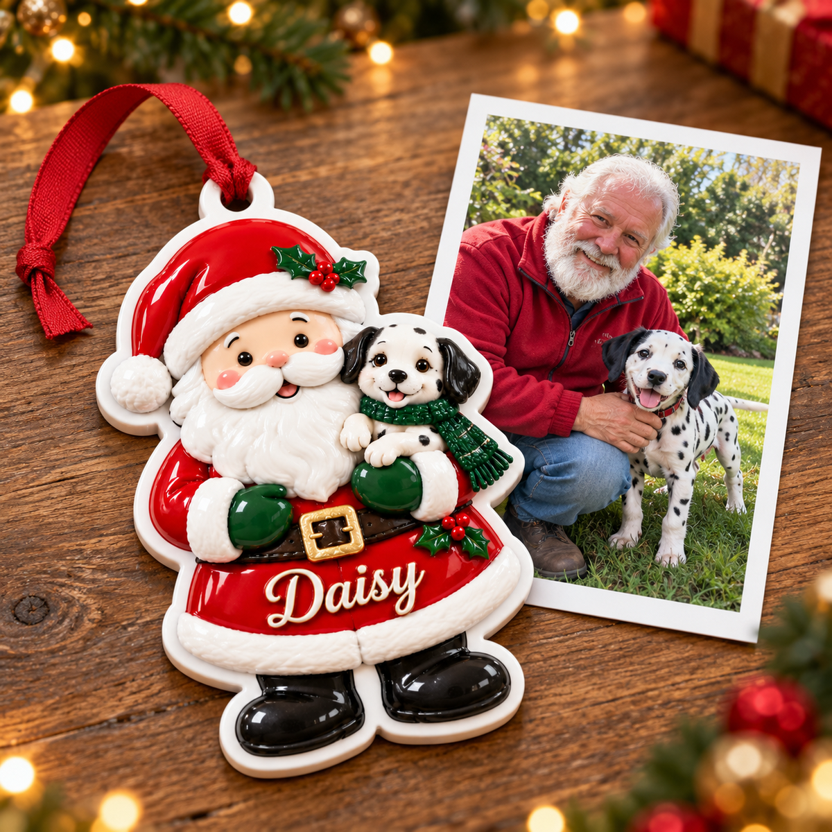 Santa Claus Holding Spotted Puppy Dog Christmas Tree Hanging Accent - 3D Relief Ornament