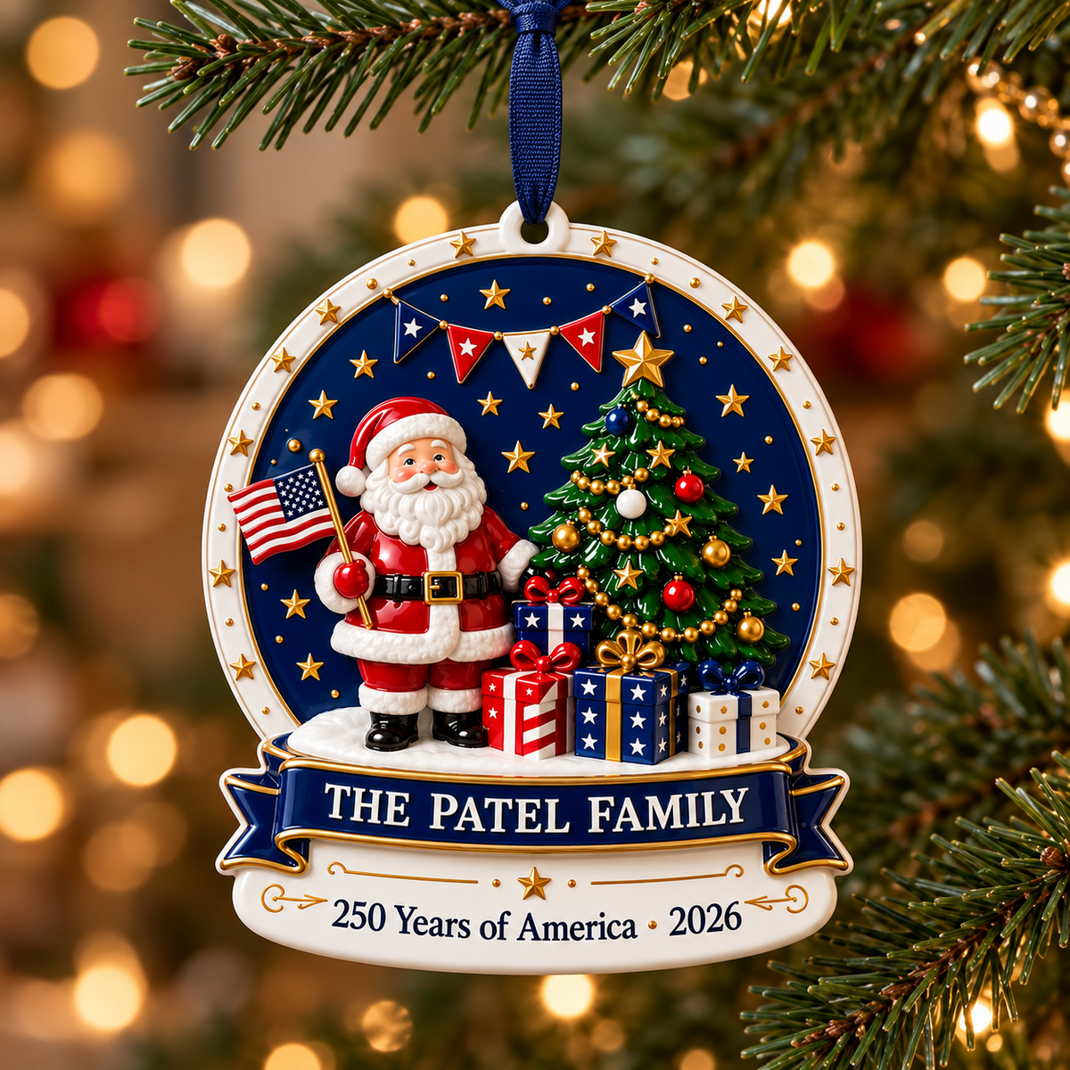Patriotic Santa Claus with American Flag and Christmas Tree Medallion - 3D Relief Ornament