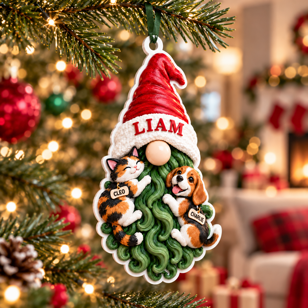 Christmas Gnome with Calico Cat and Beagle Dog Hanging Holiday Decoration - 3D Relief Ornament