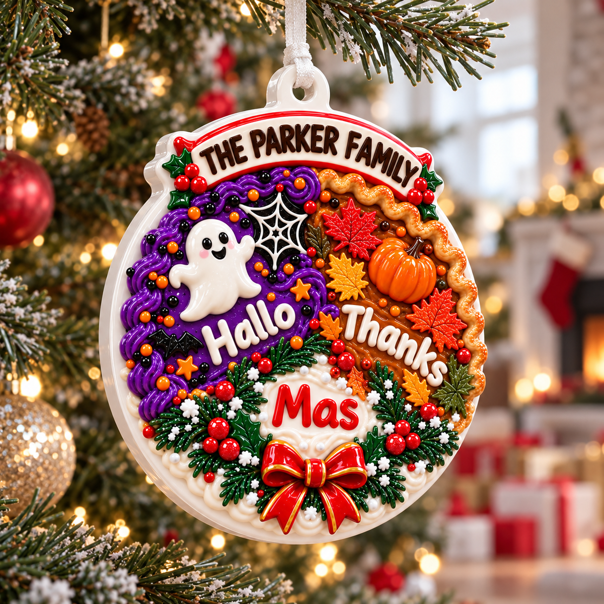 Hallo Thanks Mas Holiday Trio Hanging Medallion with Autumn Leaves and Ghost - 3D Relief Ornament