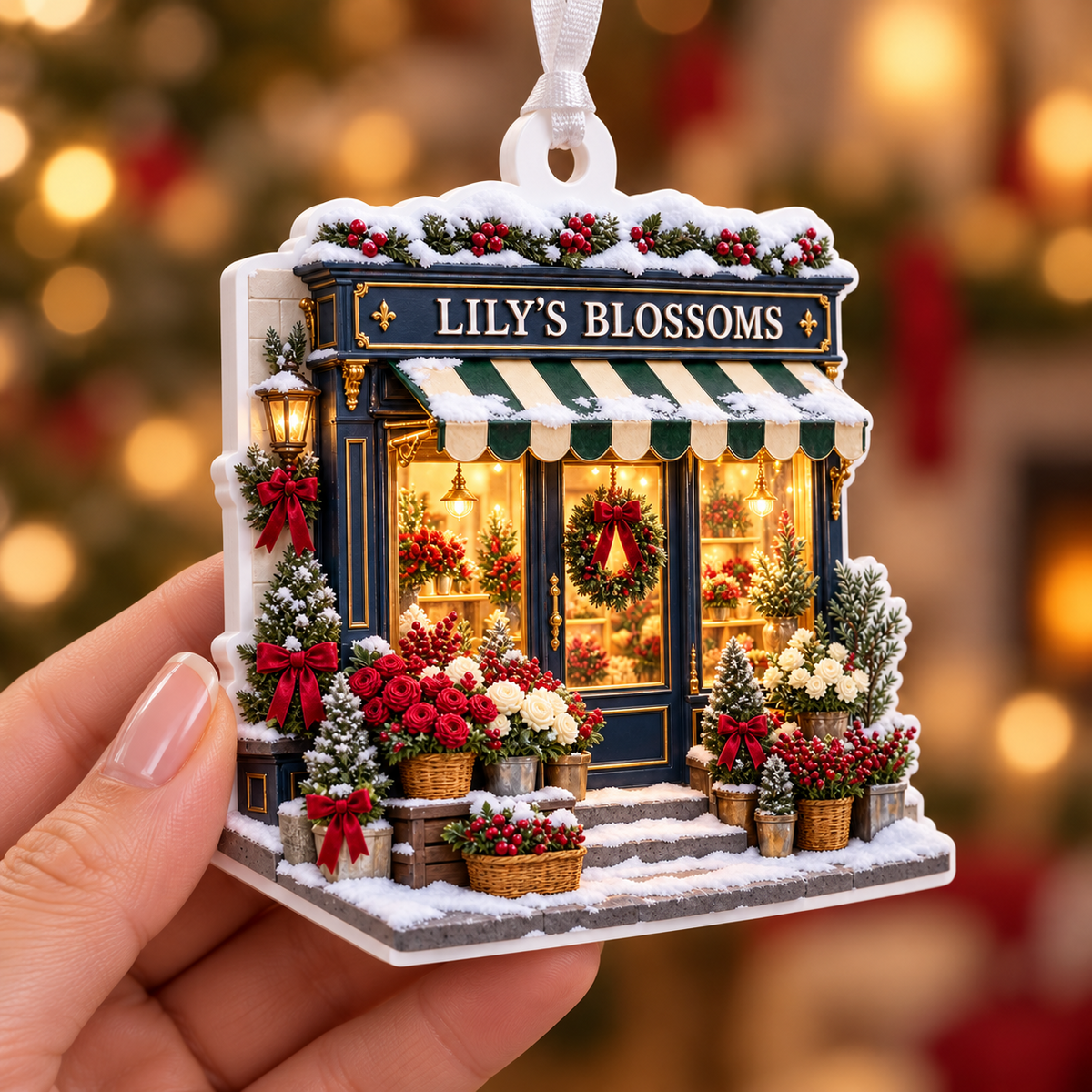 Winter Flower Shop Front Holiday Hanging Keepsake - 3D Relief Ornament