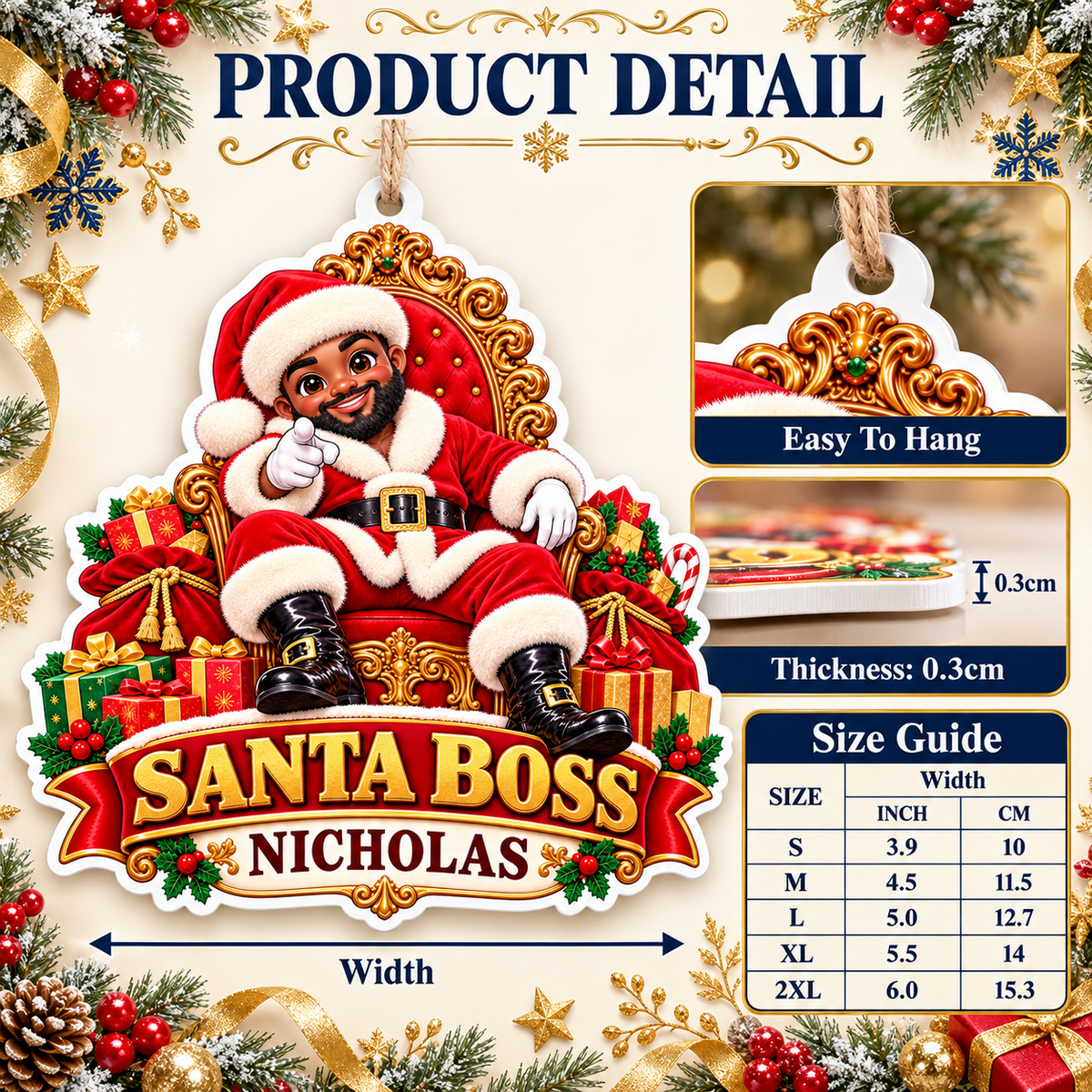 Black Santa Boss on Ornate Throne Holiday Tree Decor - 3D Relief Ornament