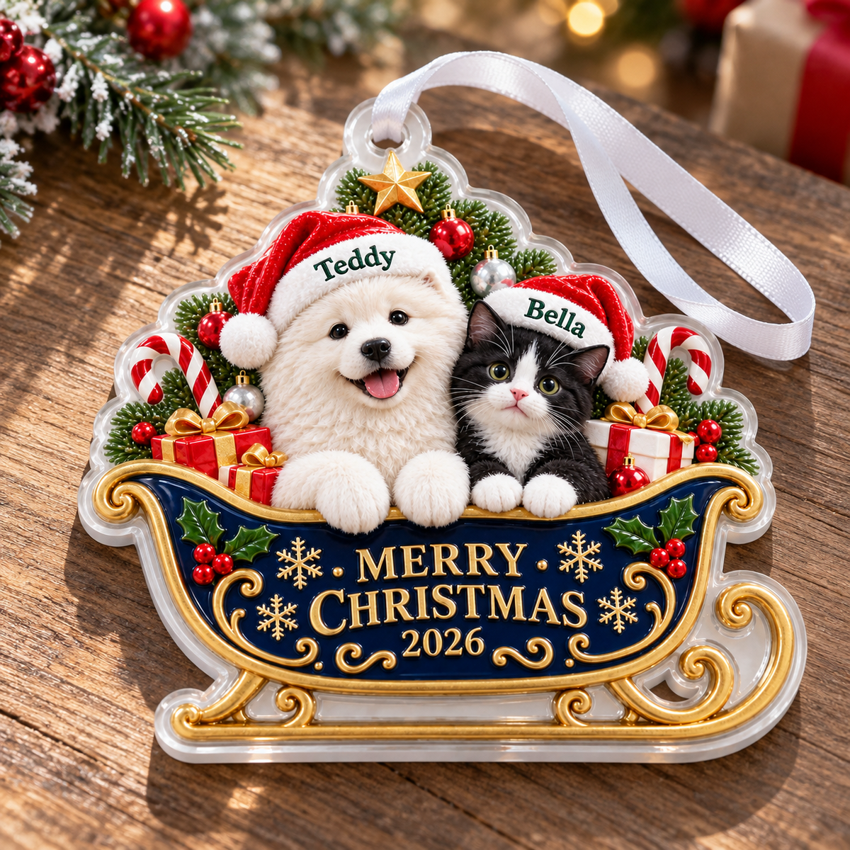 Dog and Cat in Santa Sleigh Acrylic Christmas Holiday Hanging Decoration - 3D Relief Ornament