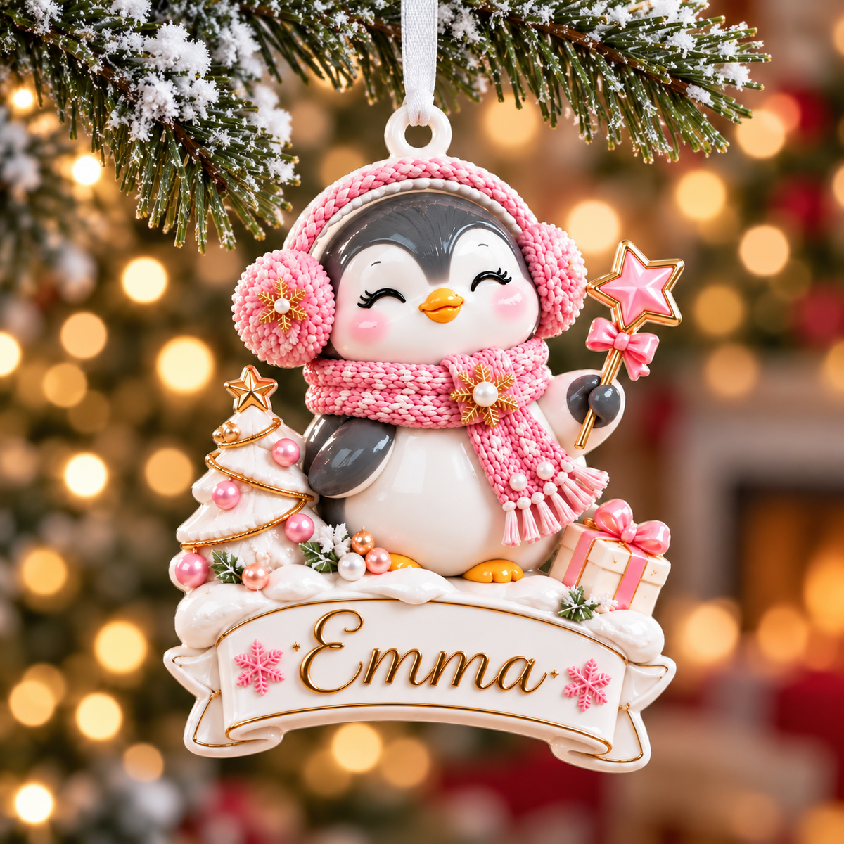 Winter Penguin with Pink Scarf and Christmas Tree Banner - 3D Relief Ornament