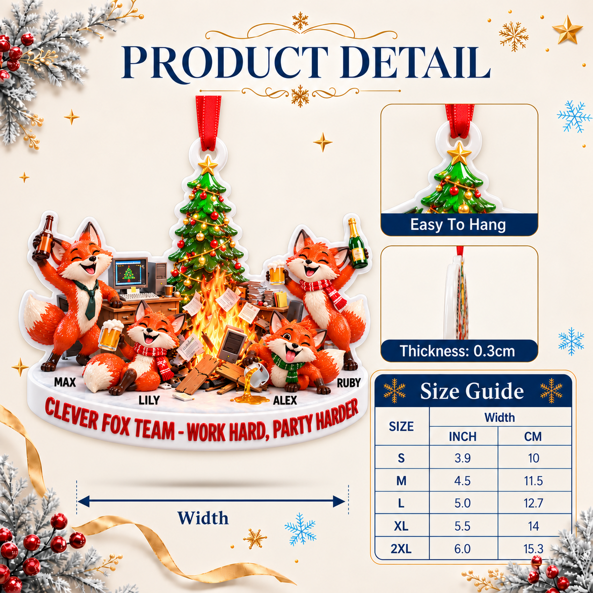 Funny Office Christmas Party Foxes Holiday Tree Decoration - 3D Relief Ornament