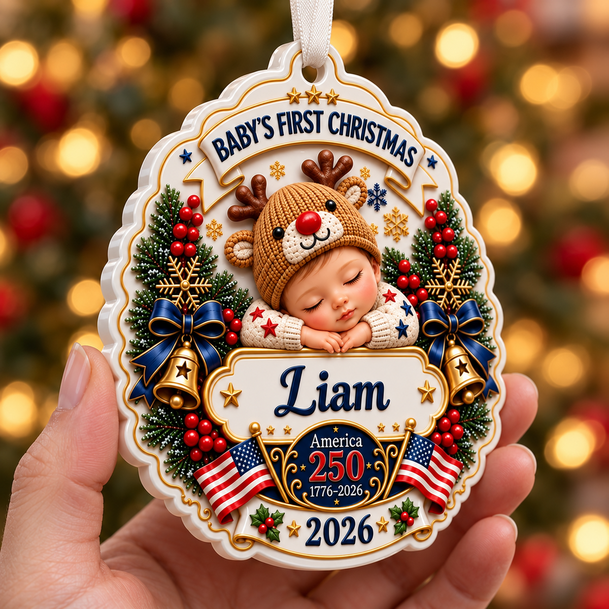 Baby's First Christmas America 250 Semiquincentennial Sleeping Newborn Holiday Medallion - 3D Relief Ornament