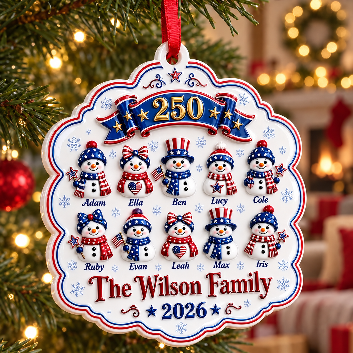 Patriotic Snowman Family of 5 America 250th Scalloped Christmas Hanging Keepsake - 3D Relief Ornament