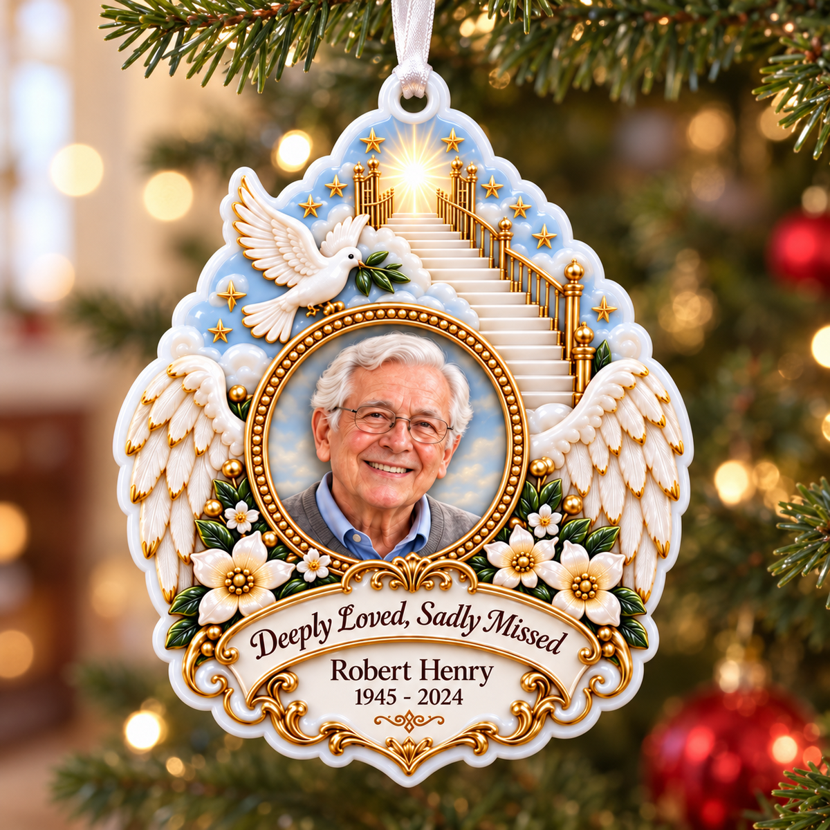 Memorial Stairway to Heaven Keepsake with Angel Wings and Dove - 3D Relief Ornament