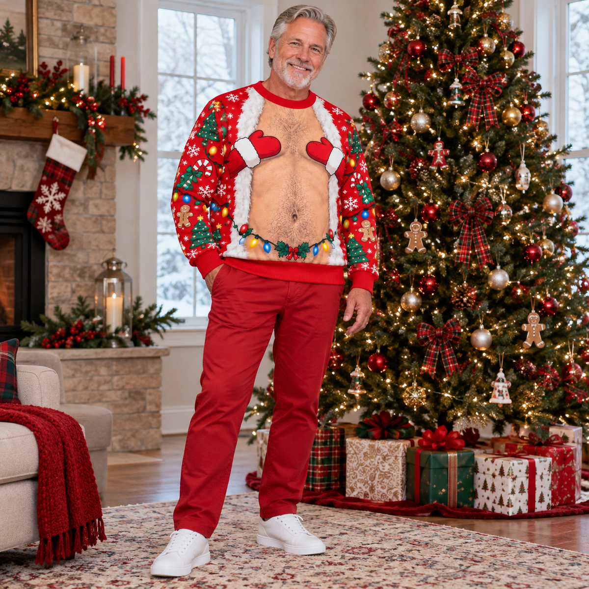 Funny Christmas Sweatshirt Hairy Chest Mitten Lights Ugly Sweater