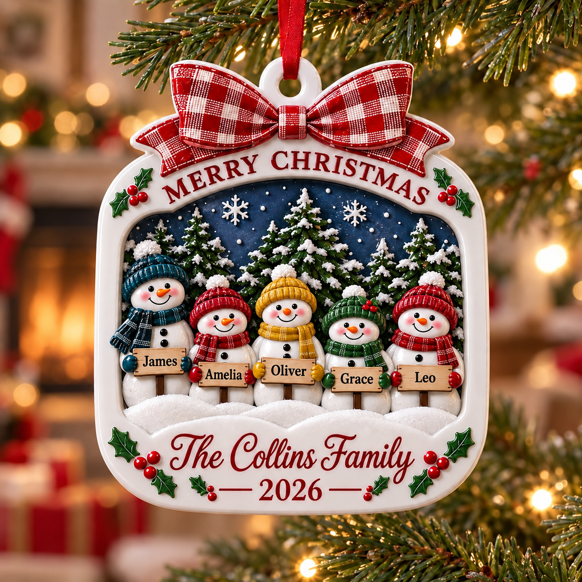 Snowman Family of 4 Christmas Tree Decoration with Red Plaid Bow - 3D Relief Ornament