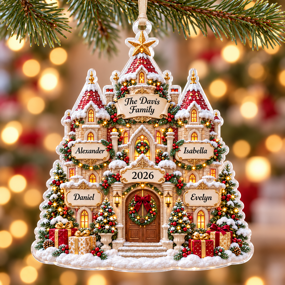 Snowy Christmas Castle Acrylic Hanging Keepsake - 3D Relief Ornament