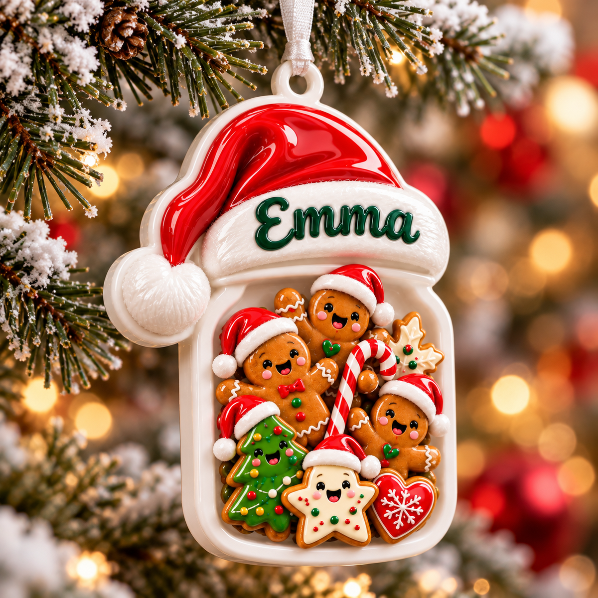 Gingerbread Cookie Jar with Santa Hat Holiday Hanging Keepsake - 3D Relief Ornament