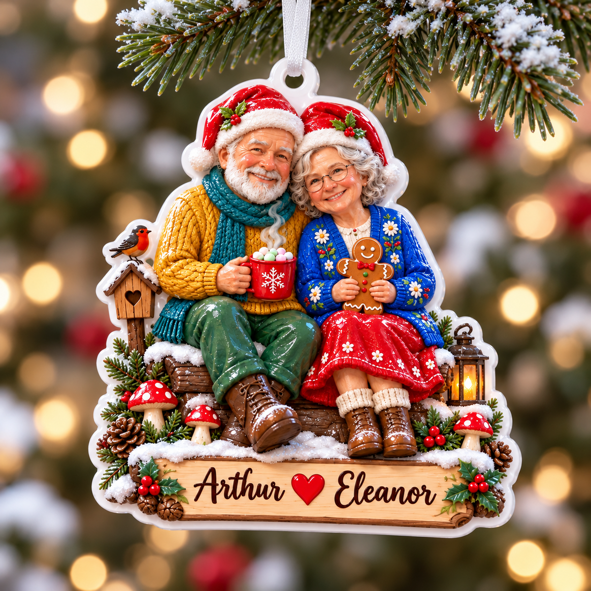 Elderly Couple Sitting on Log Winter Christmas Scene Hanging Acrylic Plaque - 3D Relief Ornament