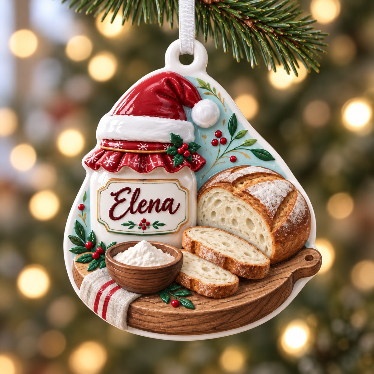 Sourdough Bread Baker Christmas Decoration with Starter Jar and Sliced Loaf - 3D Relief Ornament