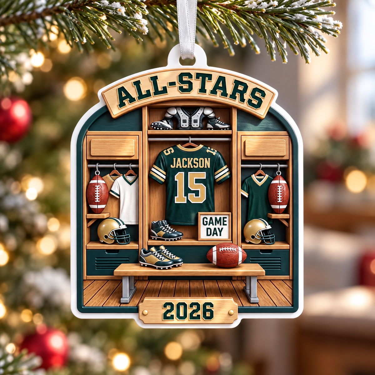Football Locker Room Holiday Keepsake, Green and Gold Sports Gear Design - 3D Relief Ornament